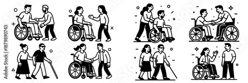 Diverse people helping each other in various scenarios