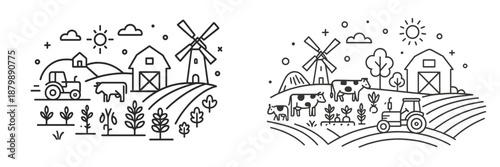 Farming landscape with tractors, windmills, and cows in a field