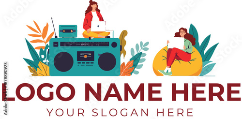 Creative workspace logo vector with laptop users on beanbag and boombox surrounded by colorful plants and leaves