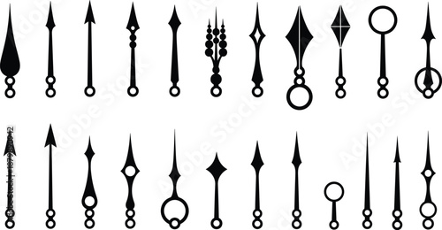 Vintage Clock Hands Silhouette Collection with Ornamental Watch Pointers, Antique Timepiece Design Elements Set in Black Vector Illustration