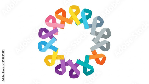 Colorful awareness ribbons forming a circle on white background symbolizing support and solidarity for various causes and charities