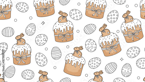 Traditional Easter theme pattern with hand-drawn illustrations of iced cakes topped with bunnies and decorative eggs on white.