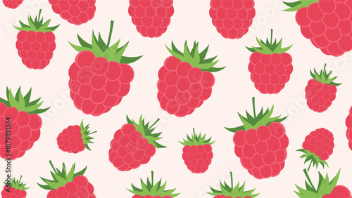 Vibrant raspberry pattern featuring ripe red berries with green leaves on a soft light pink background for a fresh and fruity summer design.