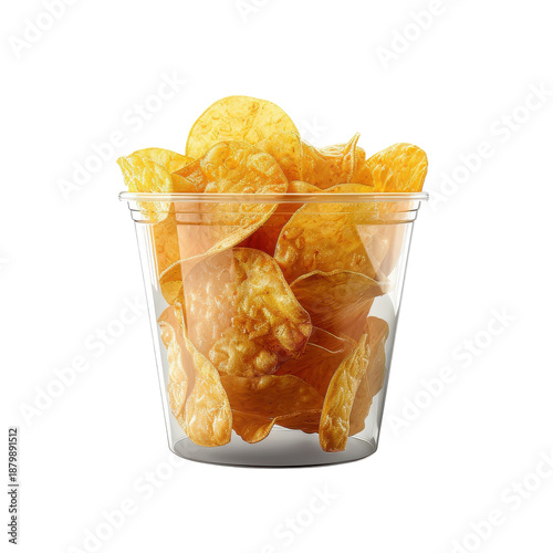A clear plastic cup filled with crispy golden potato chips
