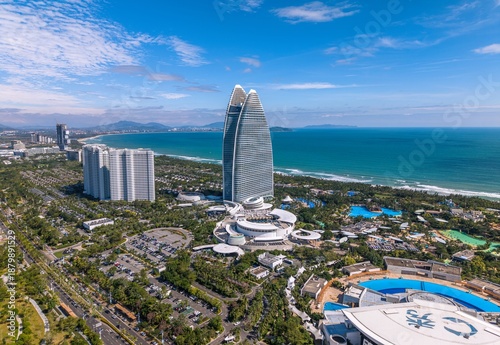 Quadro em tela Aerial view of Haitang Bay in Sanya, Hainan, with Luxury Hotels and Resorts Situated along the beach