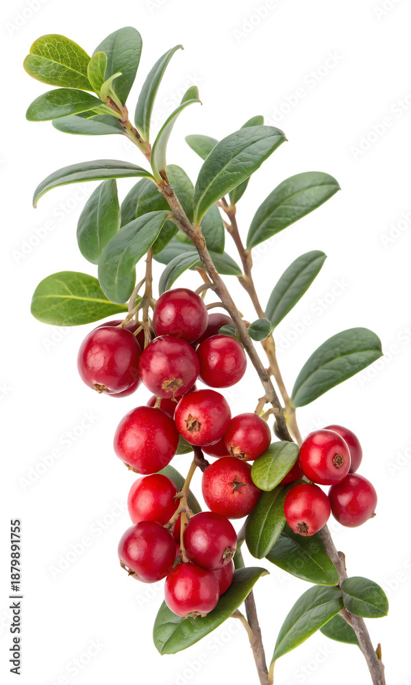 Obraz premium Lingonberry branch with ripe red berries and green leaves, isolated on white background, studio shot