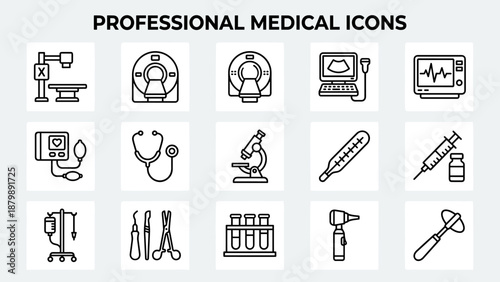 Medical equipment line icons set. Healthcare symbols. Hospital diagnostics. X-ray, MRI, CT scan, ultrasound, ECG, stethoscope, syringe, microscope, thermometer, IV drip, otoscope, surgery.