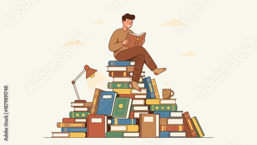 Student reading book on huge stack of textbooks. Love for reading and literature concept. Education knowledge learning. Library pile. Vector illustration. Study wisdom academic hobby