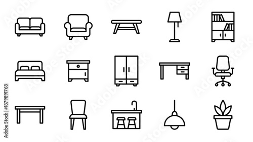 Furniture line icons set. Interior design symbols. Minimalist home decor vector. Living room, bedroom, office. Sofa, chair, bed, lamp. Modern outline pictograms. Home furnishing.
