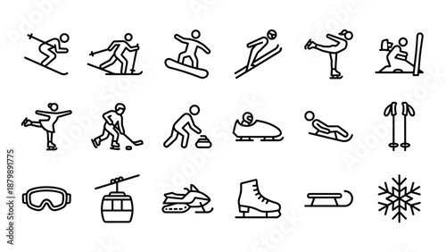Winter sports line icons set. Skiing snowboarding ice skating hockey curling. Minimalist vector illustration symbols. Outdoor cold activity outline signs. Season equipment collection.