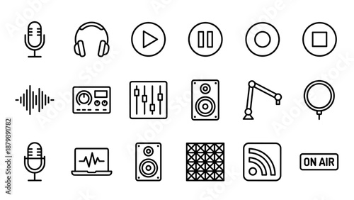 Podcast audio recording line icons. Microphone, headphones, sound wave, mixer. Studio equipment symbols. Broadcast media technology. Minimalist vector. Radio station streaming set.
