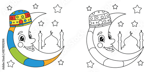 Cute cartoon crescent moon character with colorful hat and mosque background. Coloring book page for kids. Ramadan Kareem and Eid Mubarak theme vector illustration.