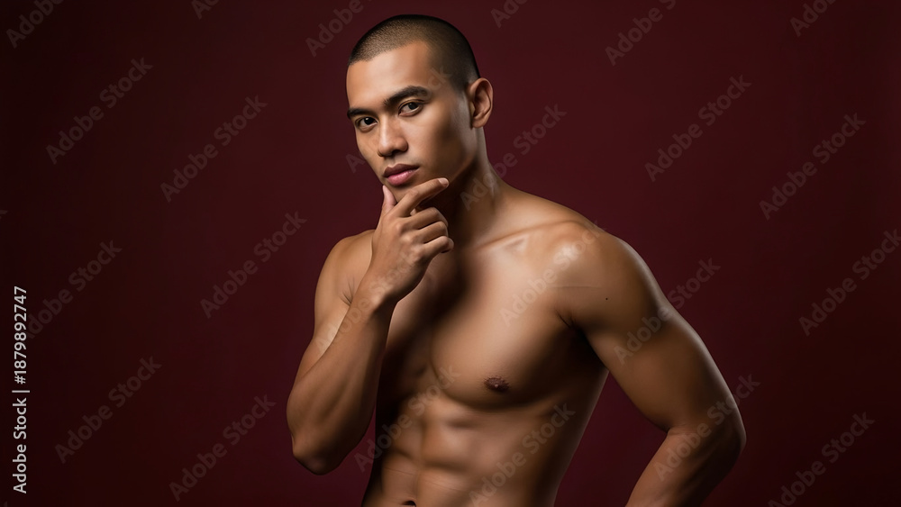 Fototapeta premium Topless Asian Indonesian Male Model with Buzz Cut on Maroon Background