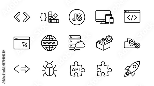 Web development line icons set. Coding programming symbols. HTML CSS JavaScript technology. Responsive design. Browser domain hosting server. Software engineering UI UX vector.