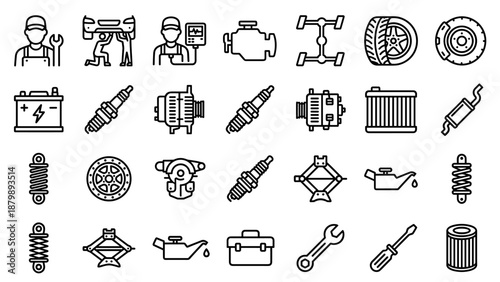 Automotive repair line icons vector set. Car mechanic service garage tools collection. Vehicle maintenance workshop equipment. Minimalist outline symbols engine wheel battery gear.