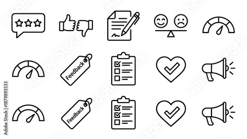 Customer feedback line icons set. Business satisfaction symbols. Survey form. Star rating. Thumbs up. NPS gauge. Quality control. Client experience. Testimonial megaphone. Evaluation.