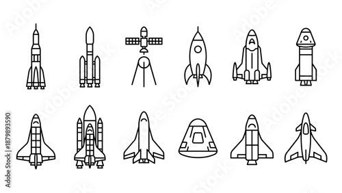 Space rocket, shuttle line icons set. Spaceship spacecraft vector collection. Modern outline astronomy symbols. Cosmos launch exploration. Galaxy travel. Satellite science vehicle.