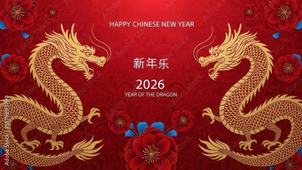 Obraz premium Symmetrical golden dragons with red flowers for 2026 Chinese New Year