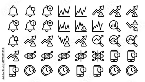 Real-time market alerts icon set. Bell notification symbols. Stock trading volatility graphs. Investment watchlist eye. Financial trends. Forex signal alarms. Business finance ui.