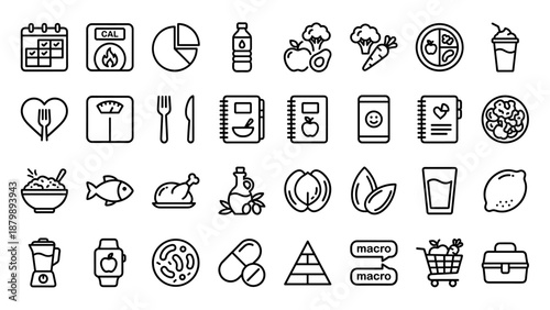 Nutrition line icons set. Healthy eating, diet plan, calorie count symbols. Meal prep, weight loss, food diary, macros vector. Vitamins, hydration, fitness signs. Organic food outline.