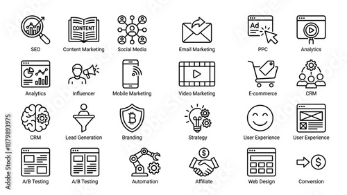 Digital marketing strategy line icons set. SEO, social media, analytics symbols. Business technology concept. Web development outline signs. Branding, e-commerce. Minimalist vector.