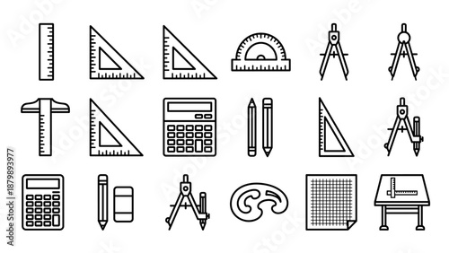 Mathematics geometry tools line icons set. Education symbols. Engineering drafting equipment. Ruler compass protractor calculator. School supplies measurement. Linear design style.