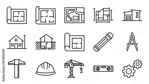 Construction blueprints and architecture plan line icons set. Engineering tools, building design symbols. Minimalist vector illustration. Real estate planning. Technical drawing.