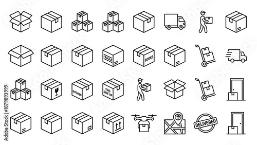Moving boxes delivery line icon set. Logistics shipping packaging vector symbols. Relocation cargo storage collection. Courier truck drone warehouse distribution outline signs.