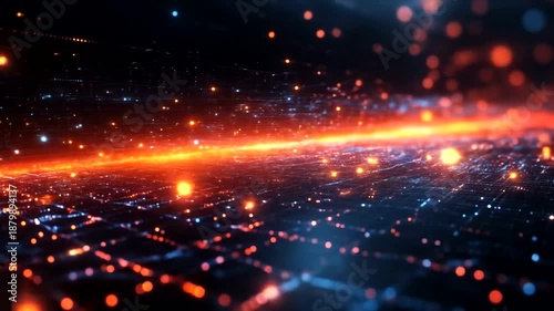 Abstract Glowing Particles and Light Beam Moving Through Space.