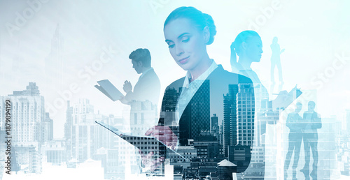 Vászonkép Business professionals using digital devices, creative double exposure style, mo