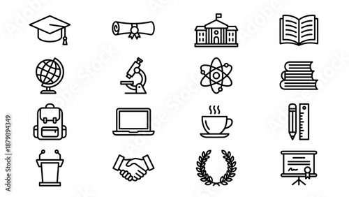 Education and university line icons set. Graduation vector symbols. College school academic study. Minimalist outline art. Science learning. Diploma cap book globe microscope laptop.