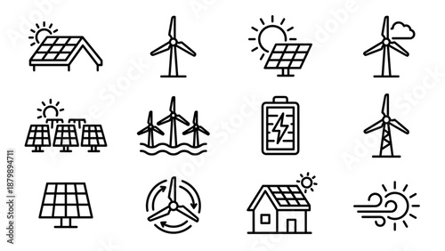 Solar and wind energy line icons set. Renewable power symbols including solar panels, wind turbines, green energy battery, eco house, and sustainable electricity vector collection.