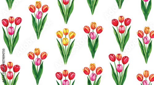 Seamless tulip flower pattern with colorful spring bouquets, hand painted floral botanical vector background