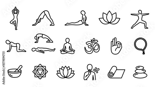Collection of 20 yoga and meditation line icons. Minimalist vector set with yoga poses, lotus flower, Om symbol, meditation, breathing, mudra, prayer beads, and zen stones in thin outline style