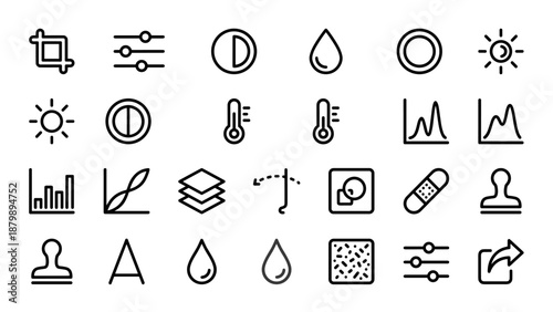 Minimal vector line icon set for photo editing tools including crop, exposure, contrast, temperature, color correction, filters, layers, retouch, brightness, histogram, and export icons