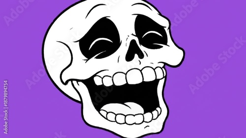Animated cartoon skull with a big smile and purple background.