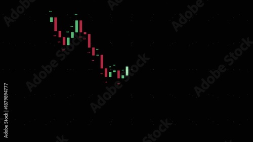 Stock market chart with vibrant candlesticks on black background. 3D scene with depth of field. Green and red candles trends between -10 and 25.