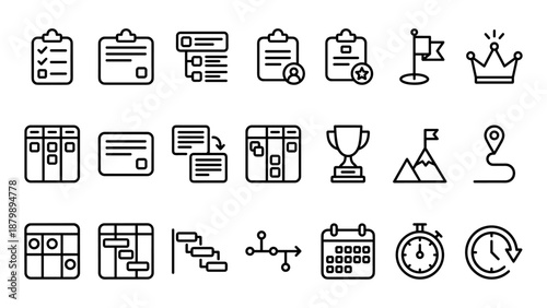Vector line icon set of 20 project management symbols, task planning, kanban boards, milestones, strategy timeline, productivity tracking, workflow efficiency, and time management tools