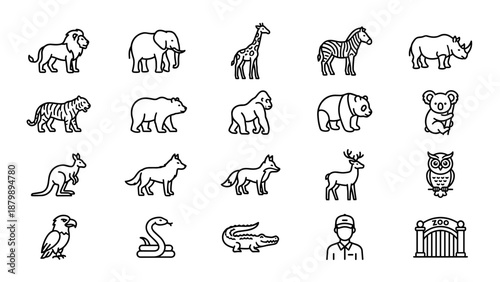 Set of 20 wild animal and zoo line icons. Minimalist vector illustration with uniform stroke width. Outline wildlife symbols including lion, elephant, giraffe, bear, owl, snake, and zookeeper.