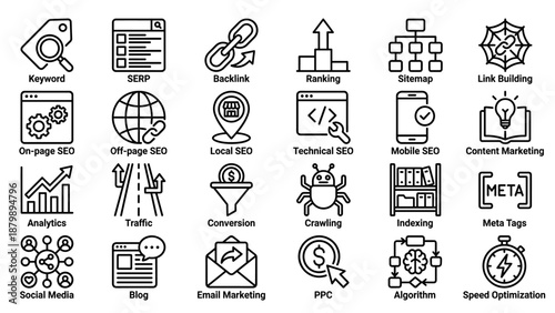 SEO and Digital Marketing Icon Set. Vector line icons of keyword, SERP, backlink, ranking, sitemap, local SEO, analytics, content marketing, mobile SEO, traffic, conversion, and website optimization