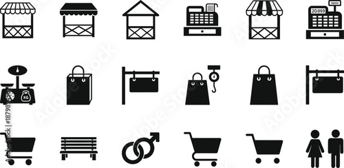 Marketplace and Retail Shopping Icon Set with Storefronts, Cash Registers, Bags, Carts and Trade Symbols Vector Illustration
