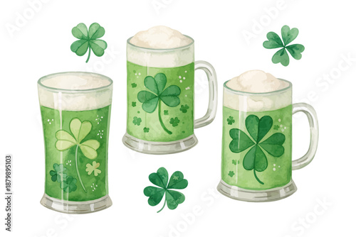 St. Patrick’s Day Watercolor Irish Mug with Shamrock, Festive Drink Icon Vector on White Background