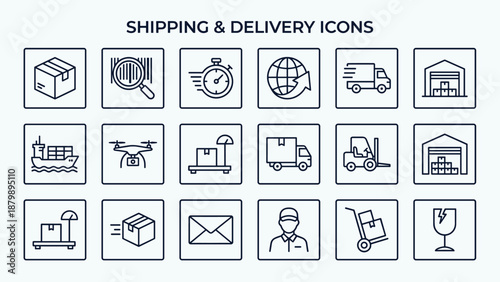 Shipping and delivery line icons set. Logistics vector collection. Courier service symbols. Box package fast cargo truck warehouse drone tracking. Distribution commerce supply chain.