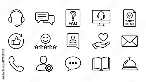 Customer service line icons set. Support chat and FAQ help desk ticket symbols. Feedback satisfaction signs. Call center assistance vector. Contact us communication. Client care.