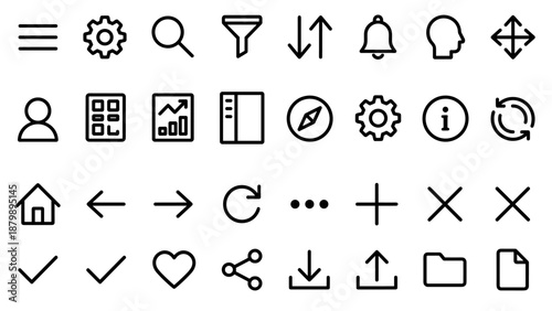 User interface line icons set. Web and mobile app navigation symbols. Vector collection of UI UX design elements. Menu settings search profile home buttons. Digital internet sign pack.