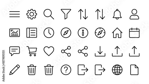 Minimalist set of 24 user interface line icons. Outline symbols for app UI design including menu, settings, search, filter, sort, upload, download, bell, profile, calendar, home, and navigation tools.