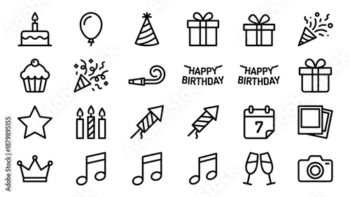 Birthday party and celebration line icons set. Minimalist outline style with uniform stroke width featuring cake, gift, balloon, fireworks, music notes, and champagne glass symbols.