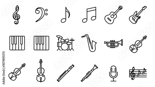 Set of 16 music instrument and note line icons in minimalist vector style with uniform stroke width and organized grid layout, including musical symbols, guitars, drums, saxophone, and microphone