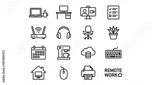 Remote work and home office icon set, minimalist line design with uniform stroke width, includes laptop, coffee mug, chair, headphones, calendar, cloud, and workstation symbols in grid layout
