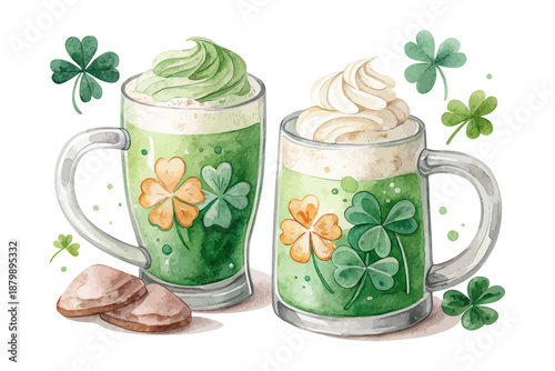 Irish Mug with Clover Watercolor, St. Patrick’s Day Drink Icon Illustration Isolated on White